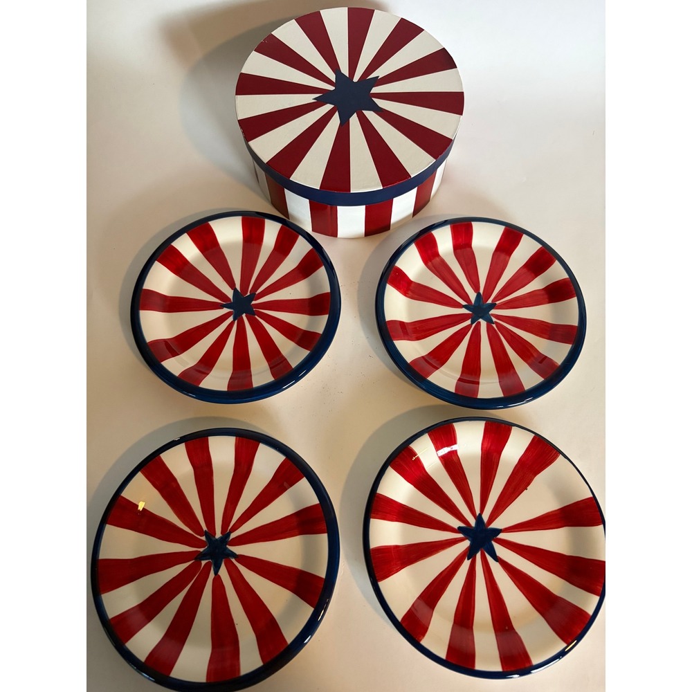 Set of 4 Patriotic Painted Dessert Plates Stars Stripes Nantucket Ceramic Rustic